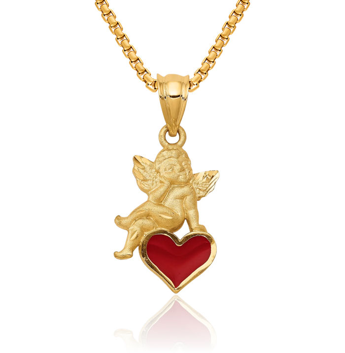 14K Solid Yellow Gold Guardian Angel Wings Heart Necklace Protect Us Cherub Pendant Religious Charm