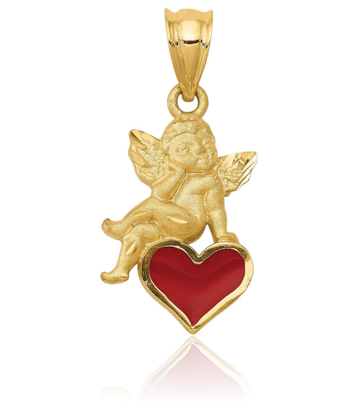 14K Solid Yellow Gold Guardian Angel Wings Heart Necklace Protect Us Cherub Pendant Religious Charm