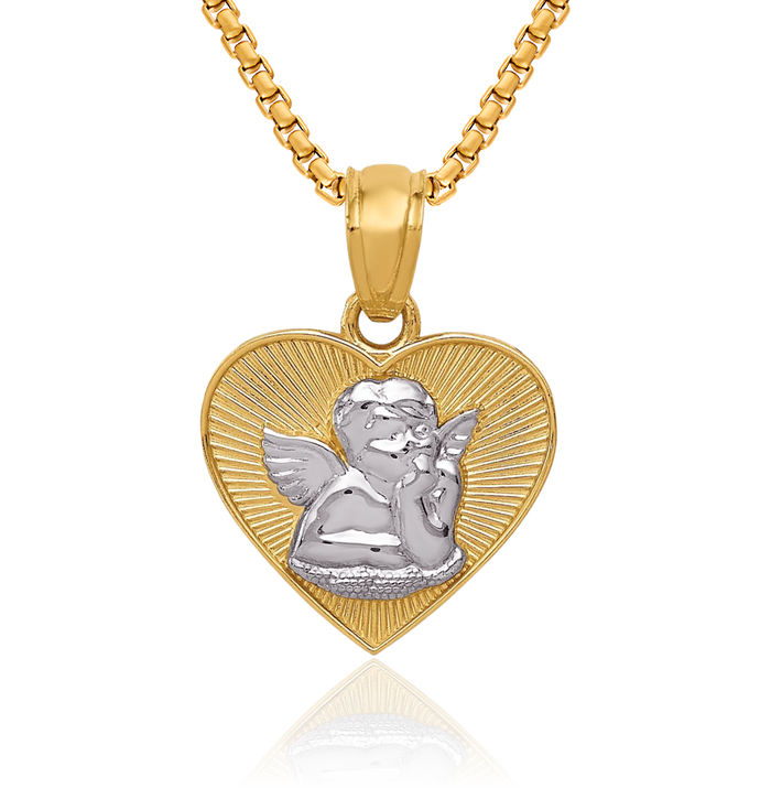 14K Solid Yellow Gold Guardian Angel Wings Heart Necklace Protect Us Cherub Pendant Religious Charm