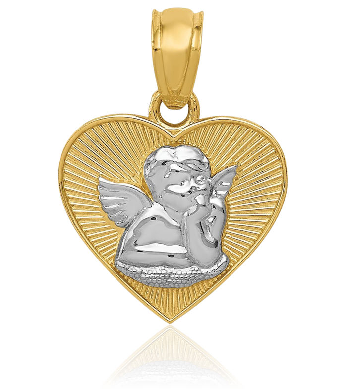 14K Solid Yellow Gold Guardian Angel Wings Heart Necklace Protect Us Cherub Pendant Religious Charm