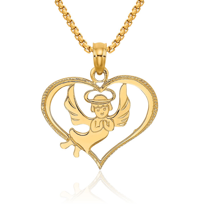 14K Solid Yellow Gold Guardian Angel Wings Heart Necklace Protect Us Cherub Pendant Religious Charm