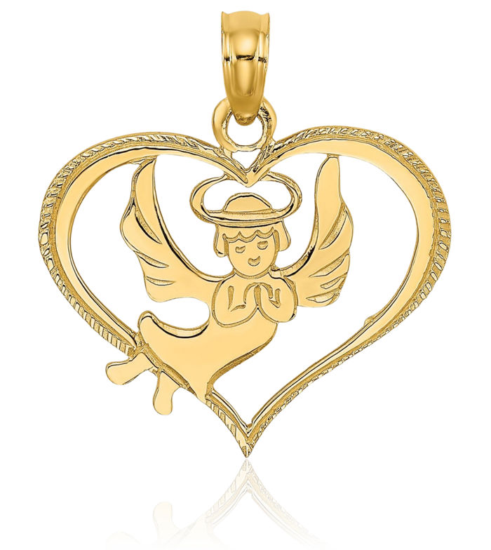 14K Solid Yellow Gold Guardian Angel Wings Heart Necklace Protect Us Cherub Pendant Religious Charm