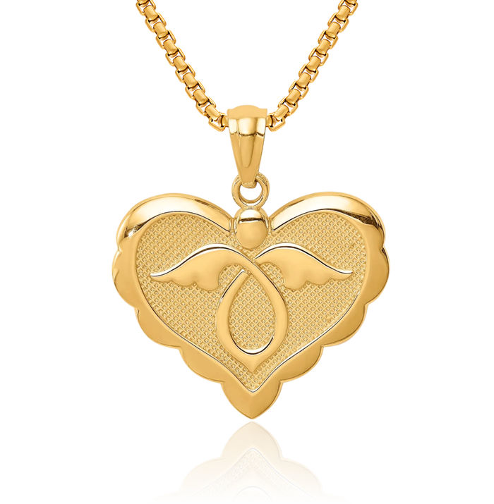 14K Solid Yellow Gold Guardian Angel Wings Heart Necklace Protect Us Cherub Pendant Religious Charm