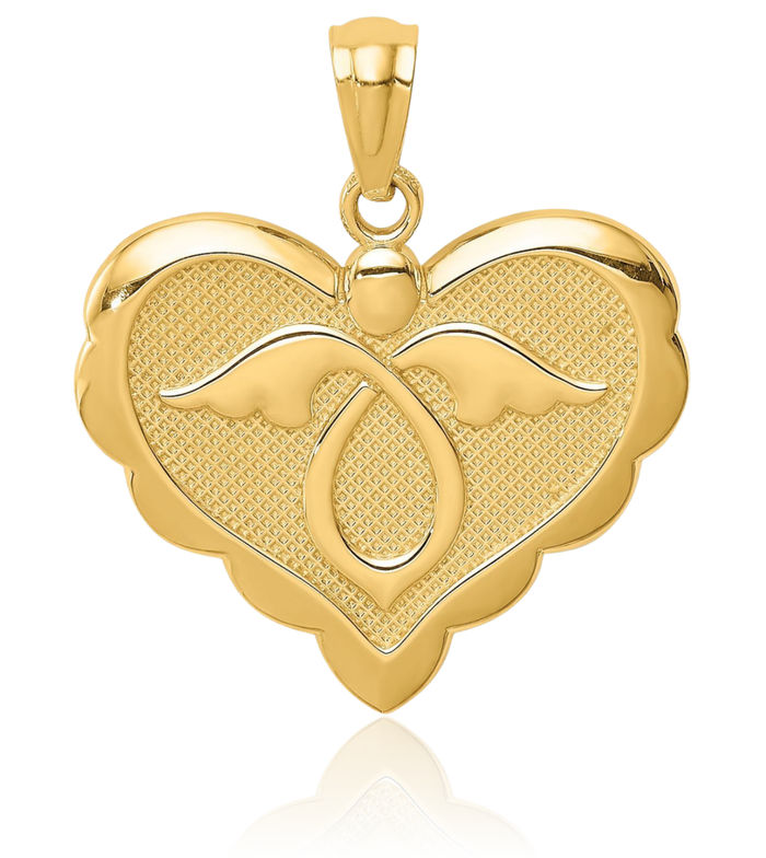 14K Solid Yellow Gold Guardian Angel Wings Heart Necklace Protect Us Cherub Pendant Religious Charm