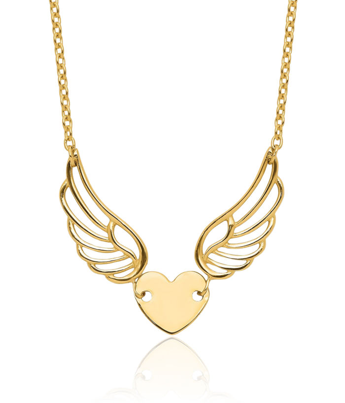 14K Solid Yellow Gold Guardian Angel Wings Heart Necklace Love Pendant Friendship Charm Chain