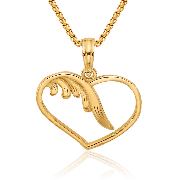 14K Solid Yellow Gold Guardian Angel Wings Heart Necklace Protect Us Cherub Pendant Religious Charm