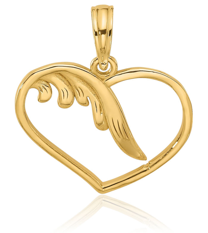 14K Solid Yellow Gold Guardian Angel Wings Heart Necklace Protect Us Cherub Pendant Religious Charm