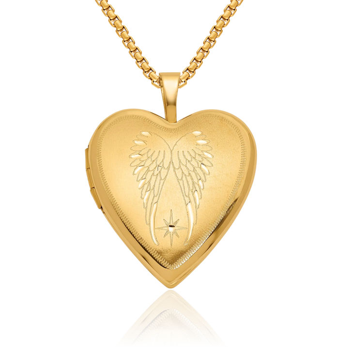 14K Solid Yellow Gold Guardian Angel Wings Heart Personalized Photo Locket Necklace Picture Pendant Charm