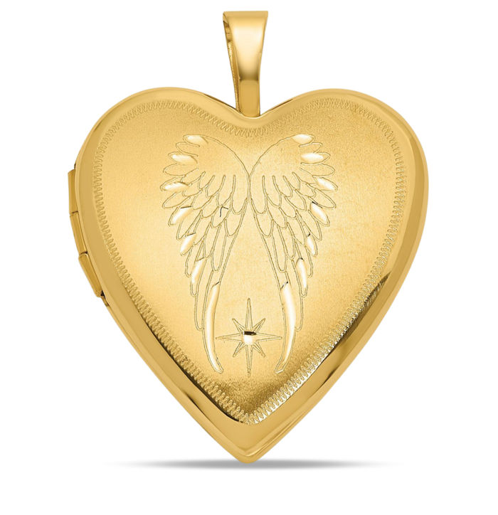 14K Solid Yellow Gold Guardian Angel Wings Heart Personalized Photo Locket Necklace Picture Pendant Charm