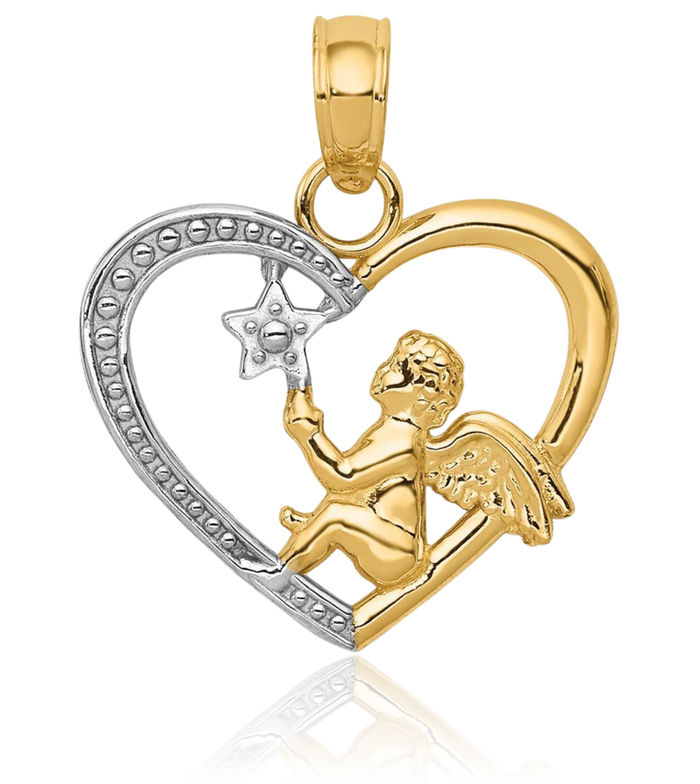 14K Solid Yellow Gold Guardian Angel Wings Heart Star Necklace Protect Us Cherub Pendant Religious Charm