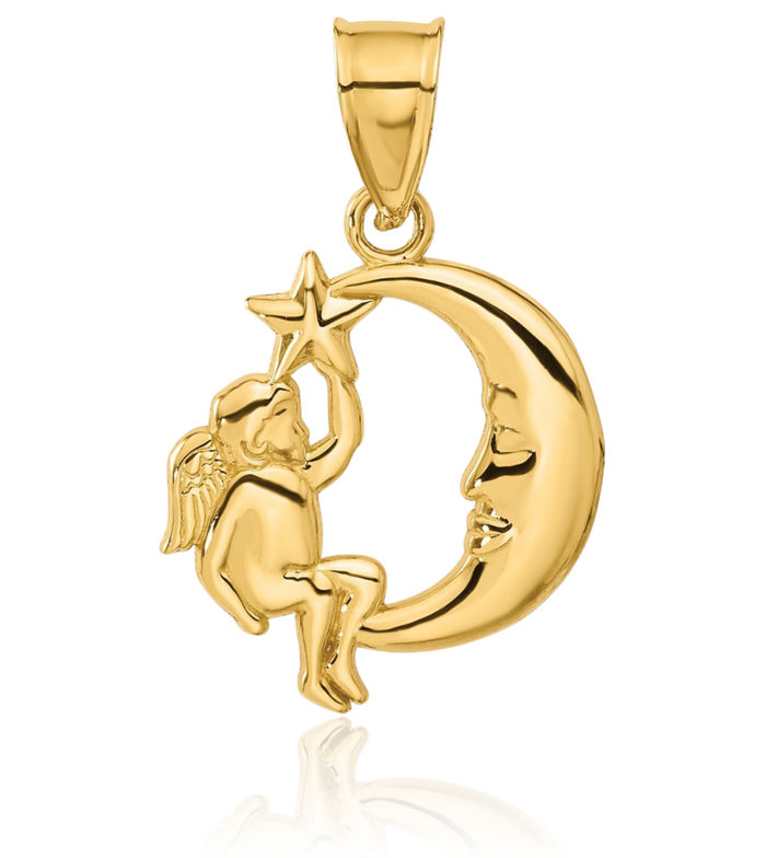 14K Solid Yellow Gold Guardian Angel Wings Crescent Moon Star Necklace Protect Us Cherub Pendant Religious Charm