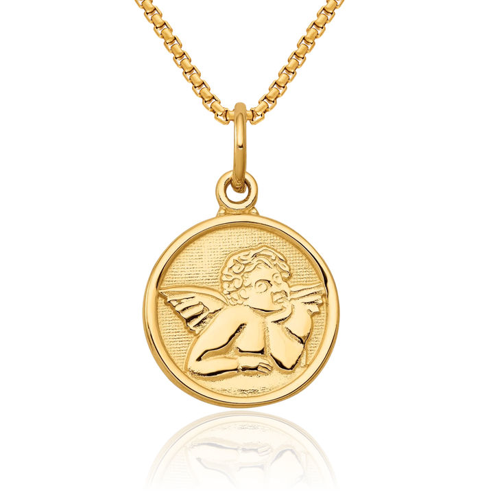 14K Solid Yellow Gold Guardian Angel Wings Necklace Protect Us Cherub Pendant Religious Charm