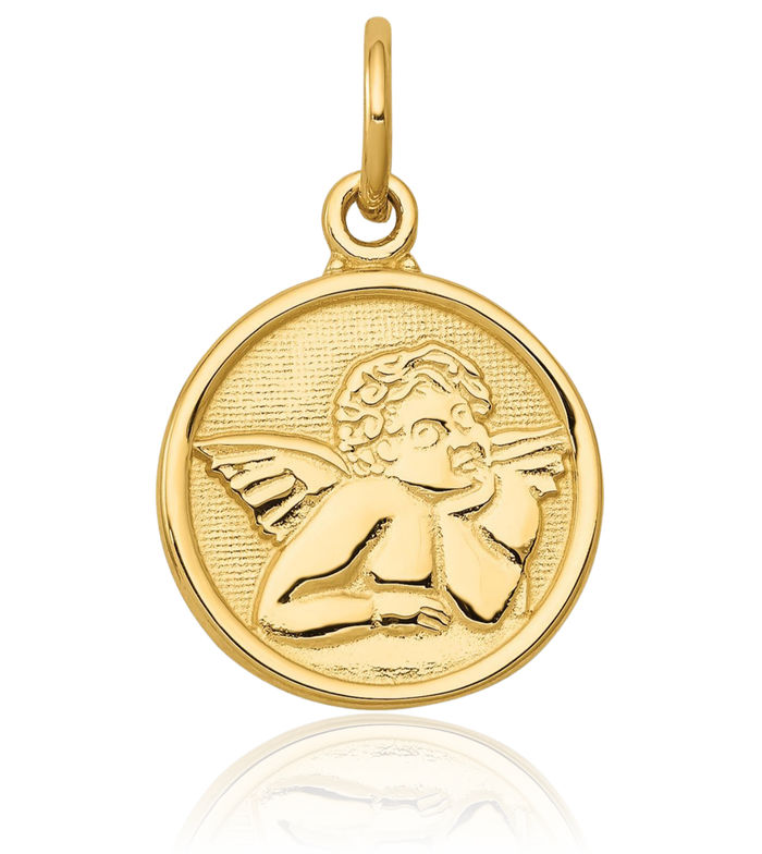 14K Solid Yellow Gold Guardian Angel Wings Necklace Protect Us Cherub Pendant Religious Charm