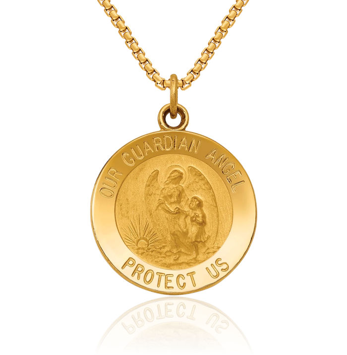 14K Solid Yellow Gold Guardian Angel Wings Medal Necklace Protect Us Cherub Pendant Religious Charm