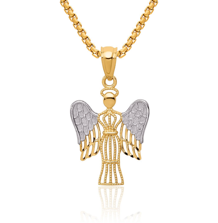 14K Solid Yellow Gold Guardian Angel Wings Necklace Protect Us Cherub Pendant Religious Charm