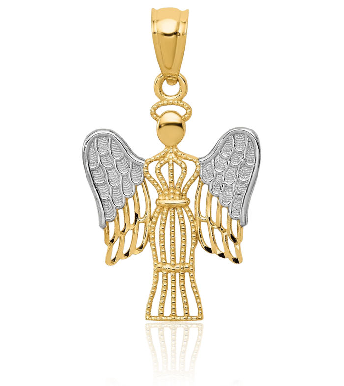 14K Solid Yellow Gold Guardian Angel Wings Necklace Protect Us Cherub Pendant Religious Charm