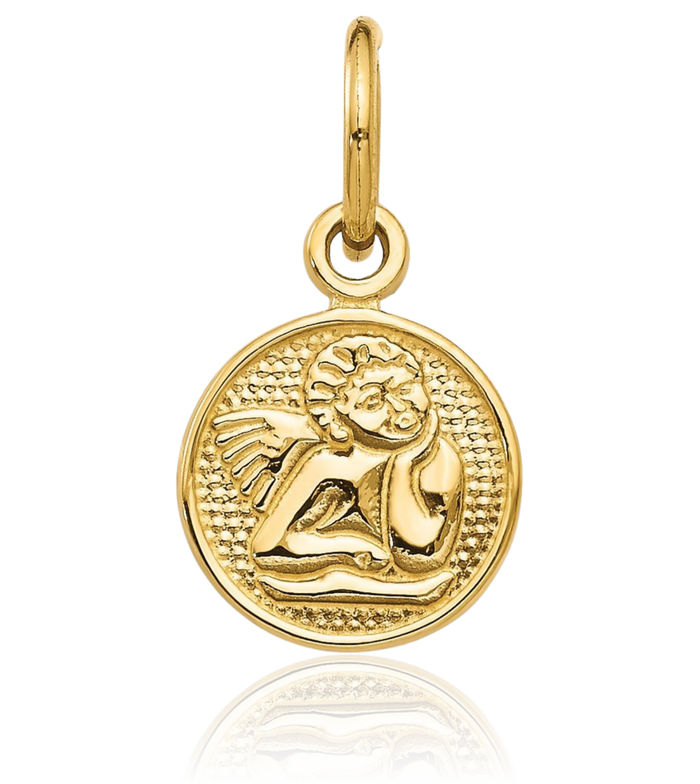 14K Solid Yellow Gold Guardian Angel Wings Necklace Protect Us Cherub Pendant Religious Charm