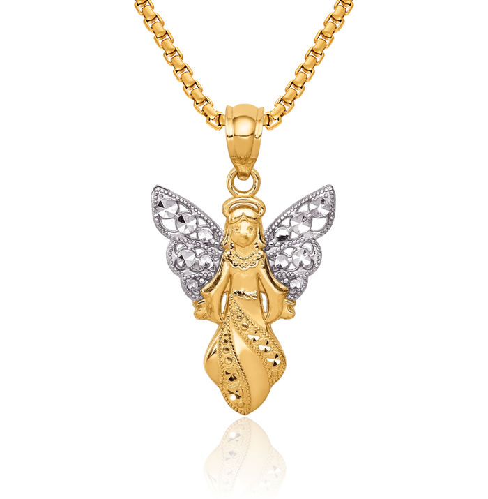 14K Solid Yellow Gold Guardian Angel Wings Necklace Protect Us Cherub Pendant Religious Charm