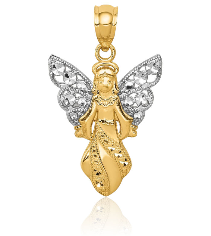 14K Solid Yellow Gold Guardian Angel Wings Necklace Protect Us Cherub Pendant Religious Charm