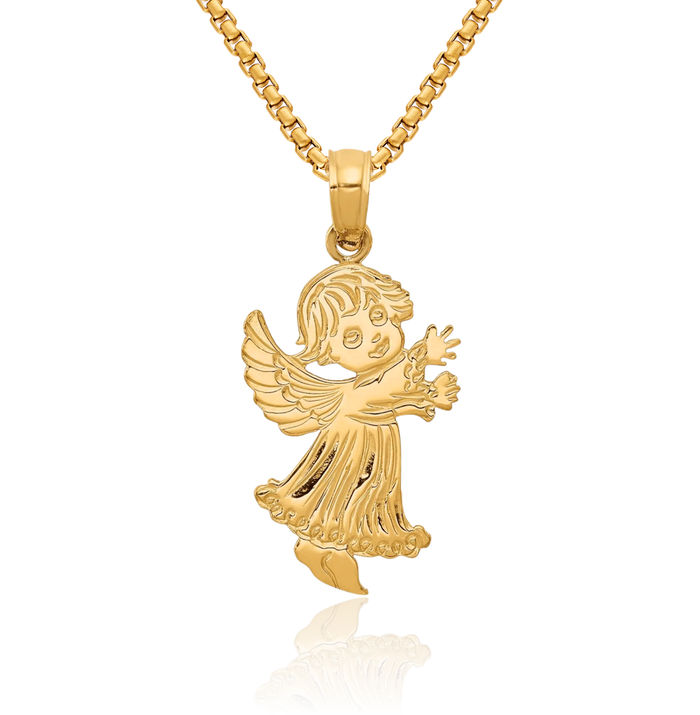 14K Solid Yellow Gold Guardian Angel Wings Necklace Protect Us Cherub Pendant Religious Charm