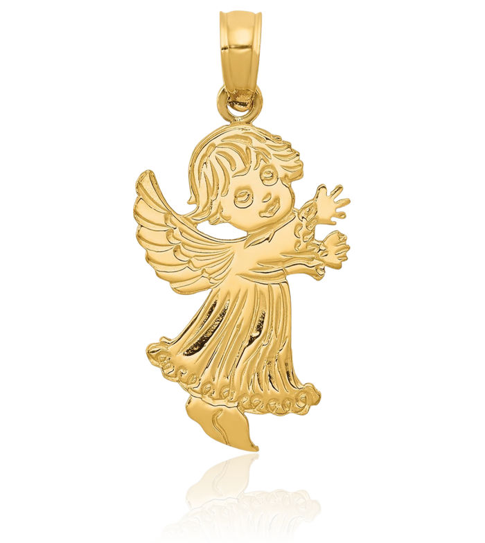 14K Solid Yellow Gold Guardian Angel Wings Necklace Protect Us Cherub Pendant Religious Charm