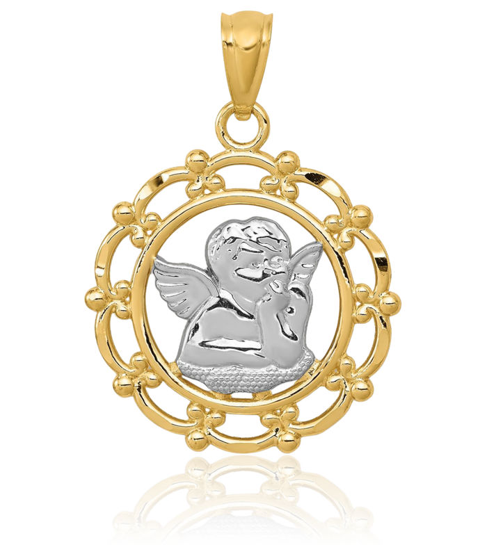 14K Solid Yellow Gold Guardian Angel Wings Necklace Protect Us Cherub Pendant Religious Charm