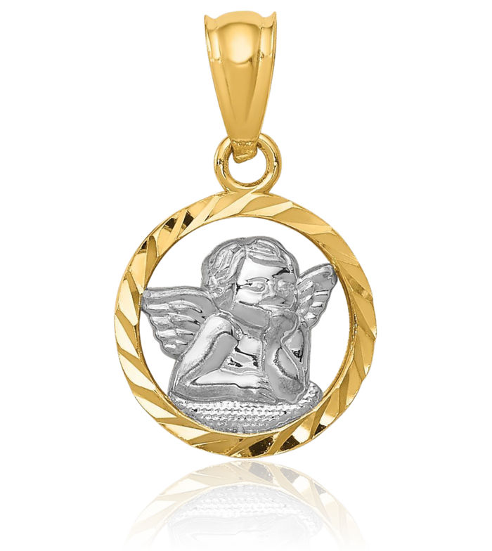 14K Solid Yellow Gold Guardian Angel Wings Necklace Protect Us Cherub Pendant Religious Charm