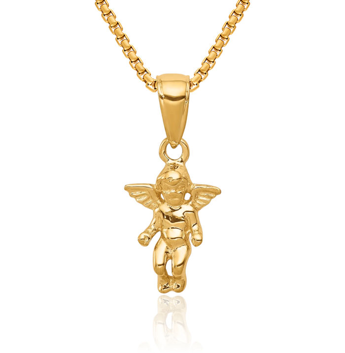 14K Solid Yellow Gold Guardian Angel Wings Necklace Protect Us Cherub Pendant Religious Charm