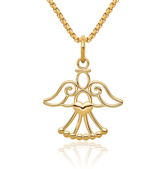 14K Solid Yellow Gold Guardian Angel Wings Necklace Protect Us Cherub Pendant Religious Charm