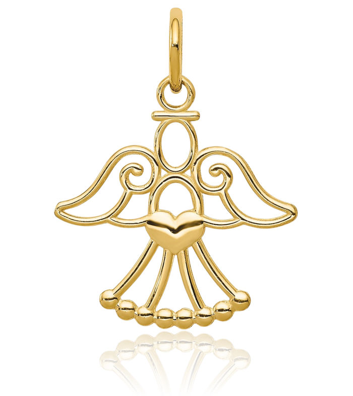 14K Solid Yellow Gold Guardian Angel Wings Necklace Protect Us Cherub Pendant Religious Charm