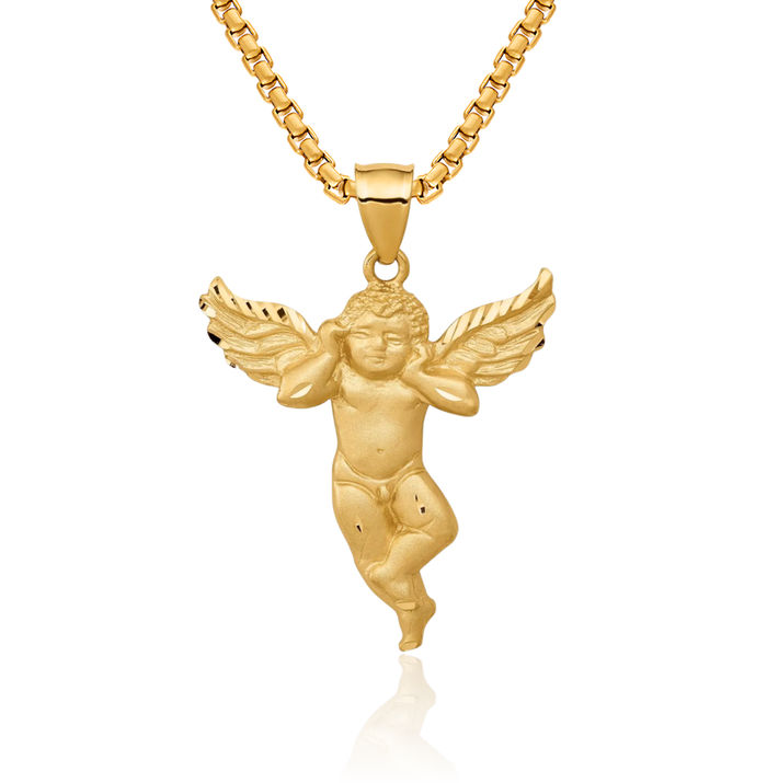 14K Solid Yellow Gold Guardian Angel Wings Necklace Protect Us Cherub Pendant Religious Charm