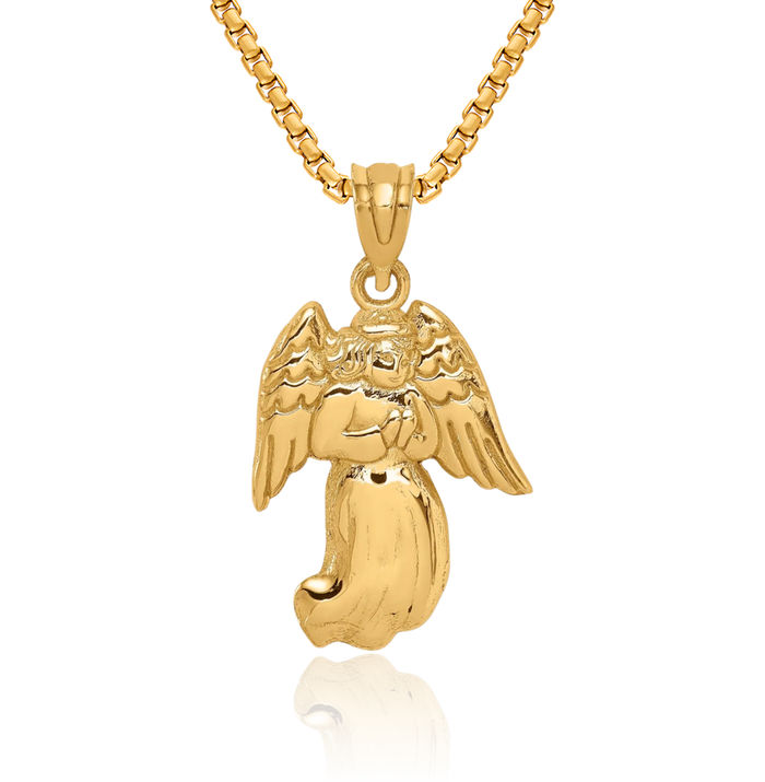 14K Solid Yellow Gold Guardian Angel Wings Necklace Protect Us Cherub Pendant Religious Charm