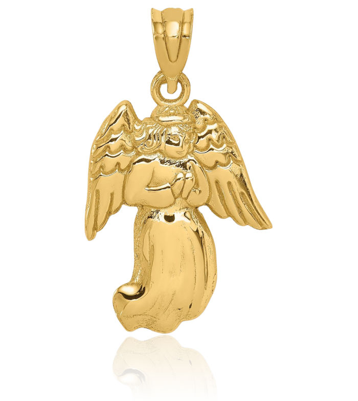 14K Solid Yellow Gold Guardian Angel Wings Necklace Protect Us Cherub Pendant Religious Charm