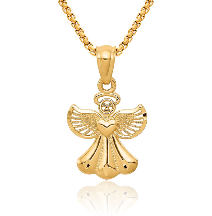 14K Solid Yellow Gold Guardian Angel Wings Necklace Protect Us Cherub Pendant Religious Charm