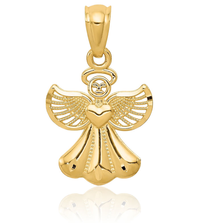 14K Solid Yellow Gold Guardian Angel Wings Necklace Protect Us Cherub Pendant Religious Charm