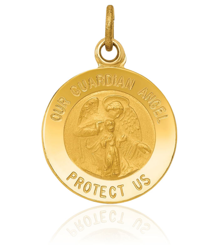 14K Solid Yellow Gold Guardian Angel Wings Medal Necklace Protect Us Cherub Pendant Religious Charm