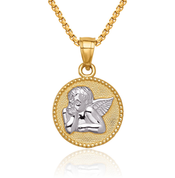 14K Solid Yellow Gold Guardian Angel Wings Necklace Protect Us Cherub Pendant Religious Charm