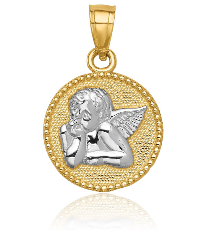 14K Solid Yellow Gold Guardian Angel Wings Necklace Protect Us Cherub Pendant Religious Charm