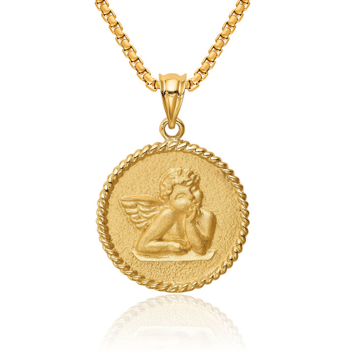 14K Solid Yellow Gold Guardian Angel Wings Necklace Protect Us Cherub Pendant Religious Charm