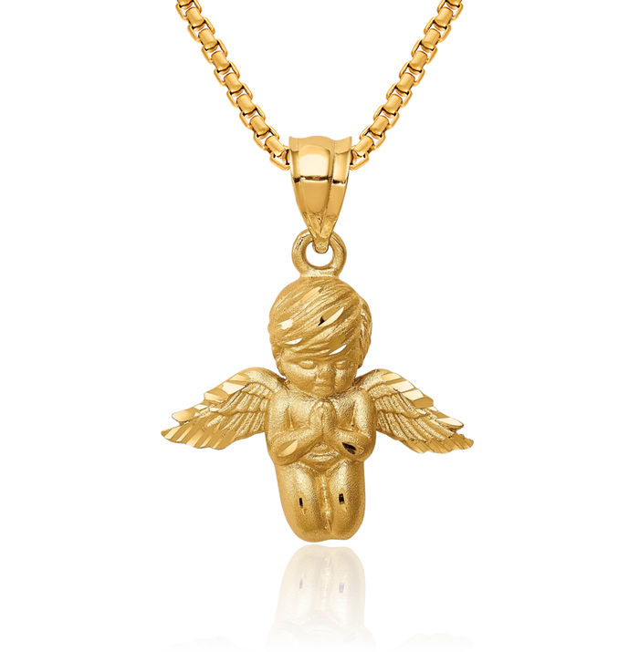 14K Solid Yellow Gold Guardian Angel Wings Necklace Protect Us Cherub Pendant Religious Charm