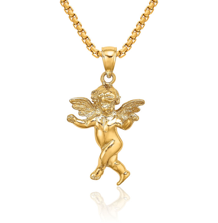 14K Solid Yellow Gold Guardian Angel Wings Necklace Protect Us Cherub Pendant Religious Charm