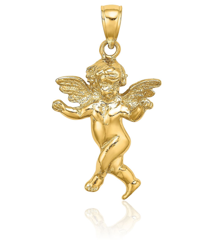 14K Solid Yellow Gold Guardian Angel Wings Necklace Protect Us Cherub Pendant Religious Charm