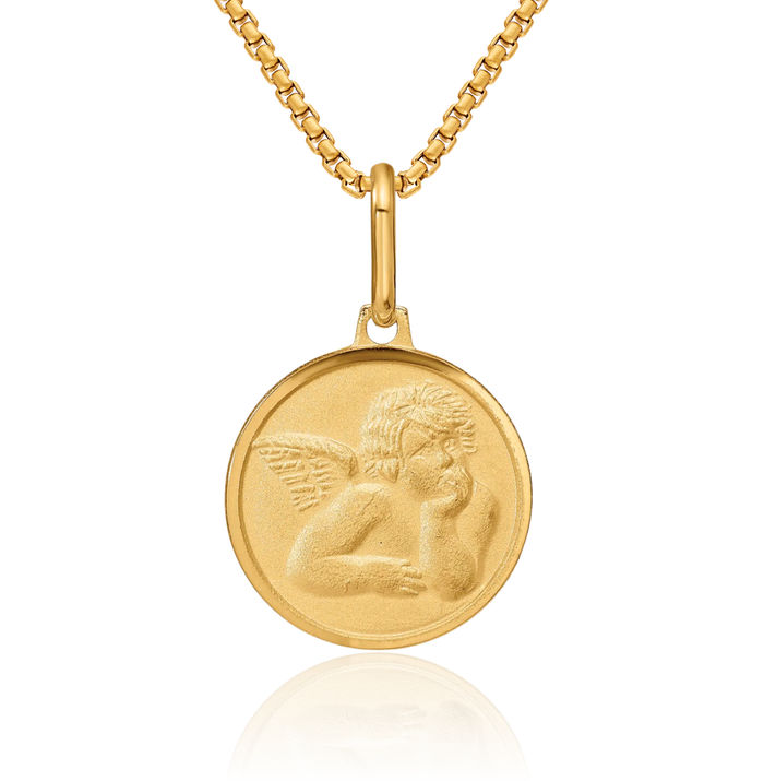 14K Solid Yellow Gold Guardian Angel Wings Necklace Protect Us Cherub Pendant Religious Charm