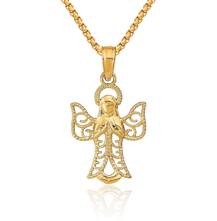 14K Solid Yellow Gold Guardian Angel Wings Necklace Protect Us Cherub Pendant Religious Charm