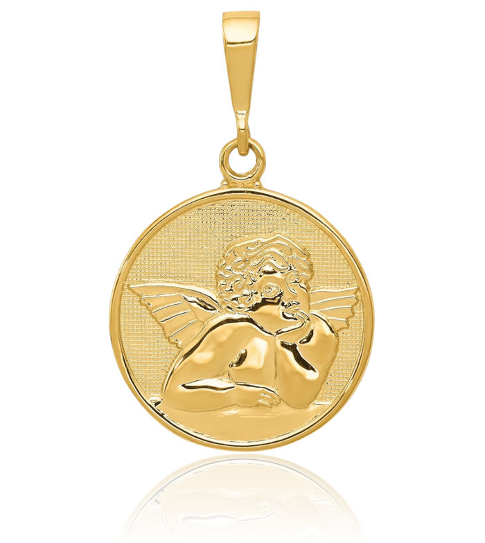 14K Solid Yellow Gold Guardian Angel Wings Necklace Protect Us Cherub Pendant Religious Charm