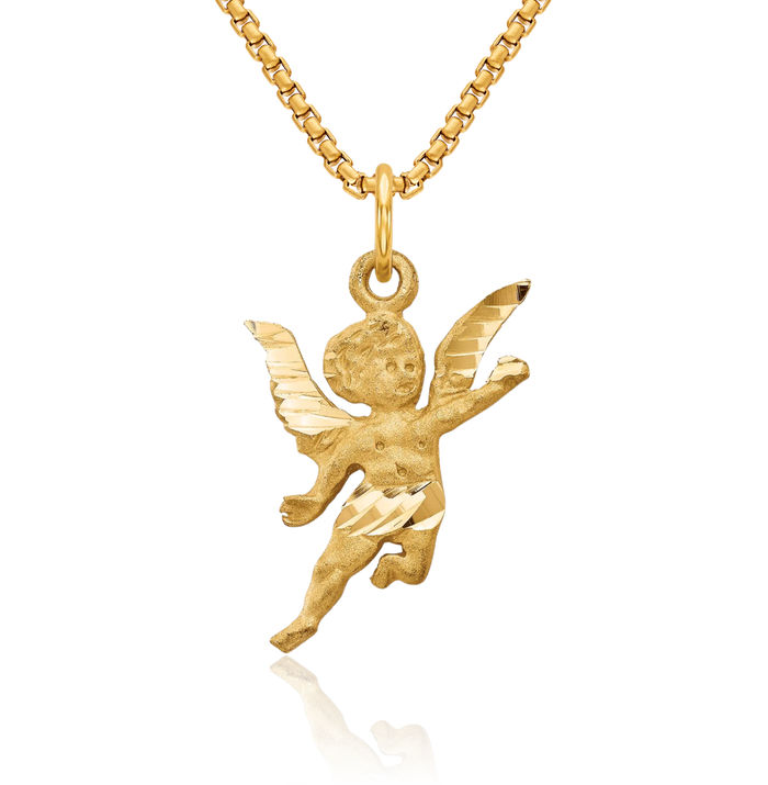 14K Solid Yellow Gold Guardian Angel Wings Necklace Protect Us Cherub Pendant Religious Charm