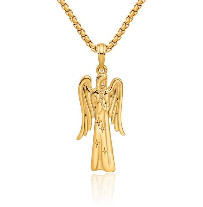 14K Solid Yellow Gold Guardian Angel Wings Necklace Protect Us Cherub Pendant Religious Charm