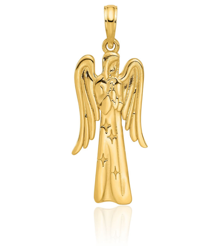 14K Solid Yellow Gold Guardian Angel Wings Necklace Protect Us Cherub Pendant Religious Charm