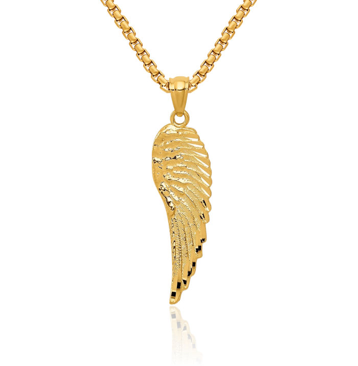 14K Solid Yellow Gold Guardian Angel Wings Single Wing Necklace Protect Us Cherub Pendant Religious Charm