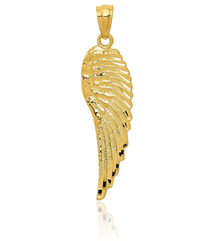14K Solid Yellow Gold Guardian Angel Wings Single Wing Necklace Protect Us Cherub Pendant Religious Charm